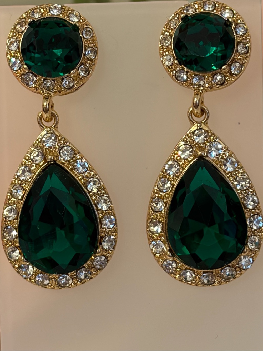 NEW Emerald Green Teardrop Crystal Statement Earrings Gold Halo Drop